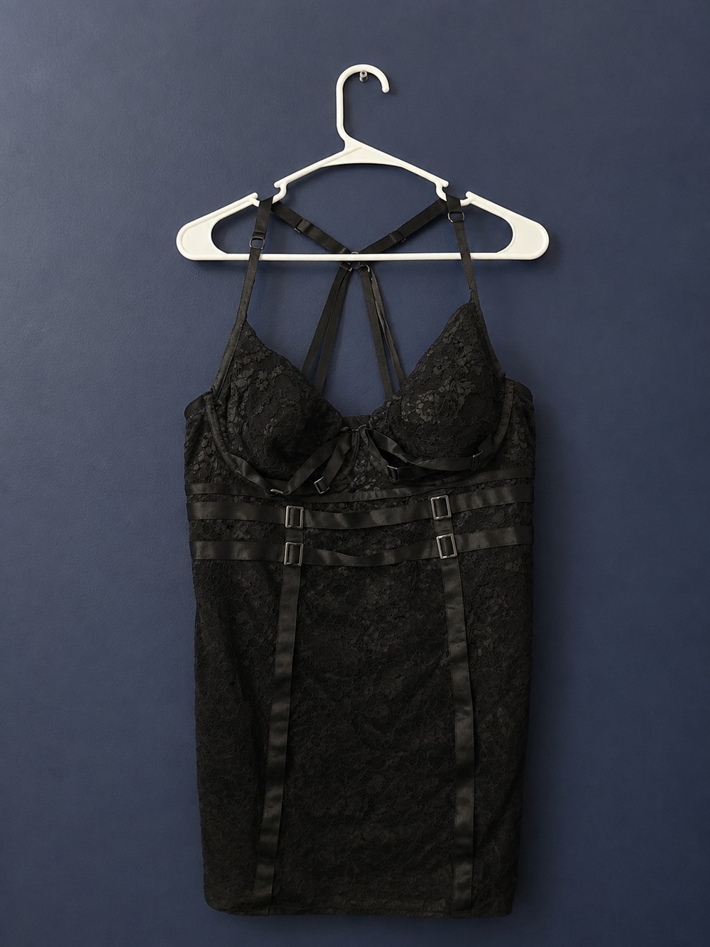Black Lace Strappy Chemise with Built In Harness